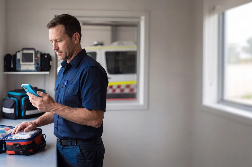 Paramedics looking at his phone with an ambulance in the background