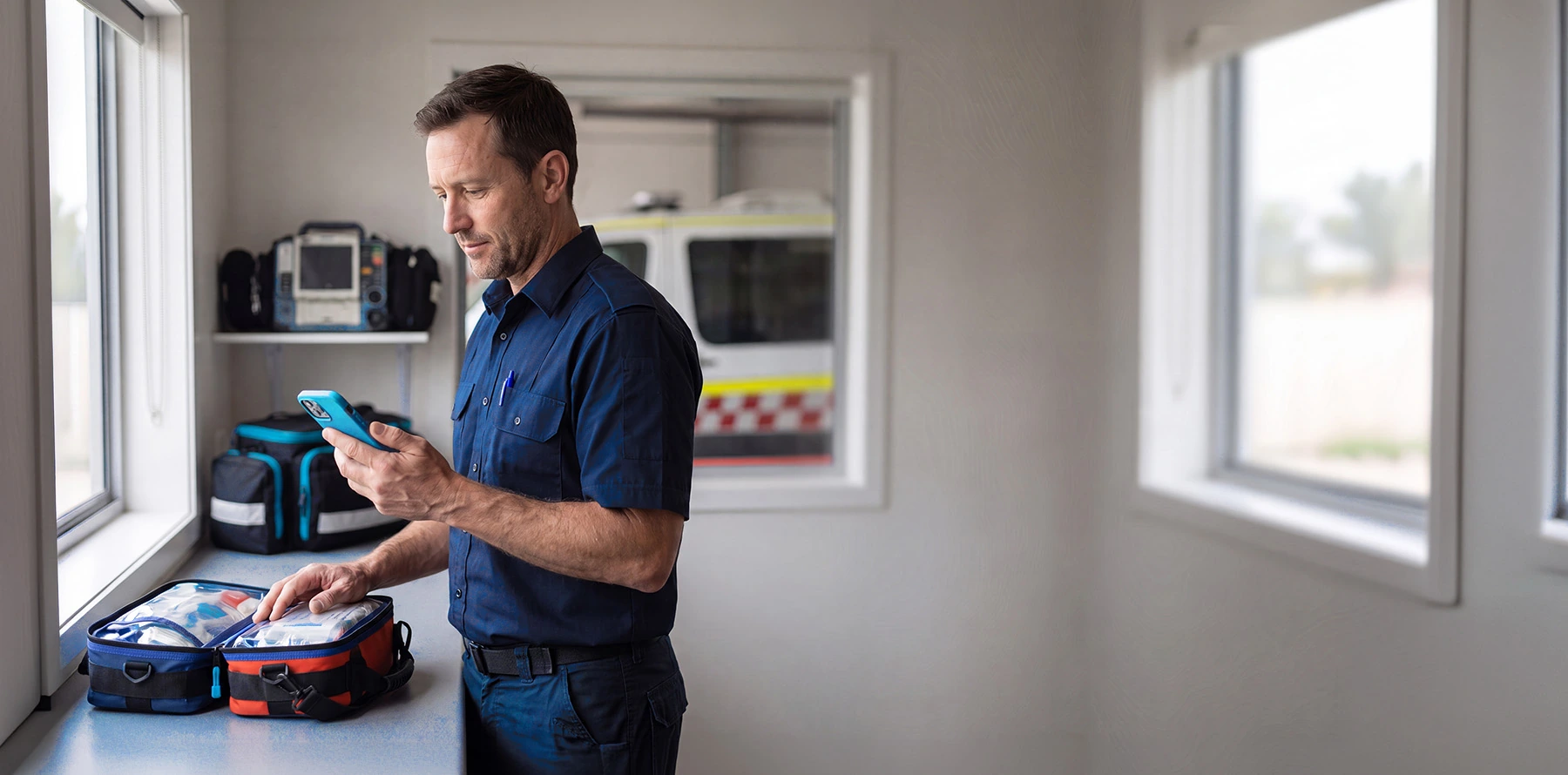 Paramedics looking at his phone with an ambulance in the background