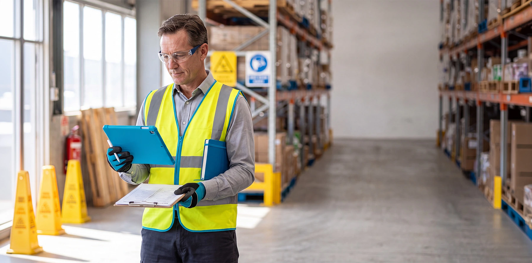 OHS Consultant at a warehouse carrying out an inspection