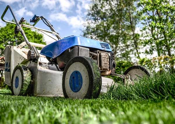 A lawn mower on the green lawn
