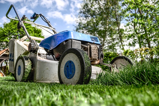 A lawn mower on the green lawn