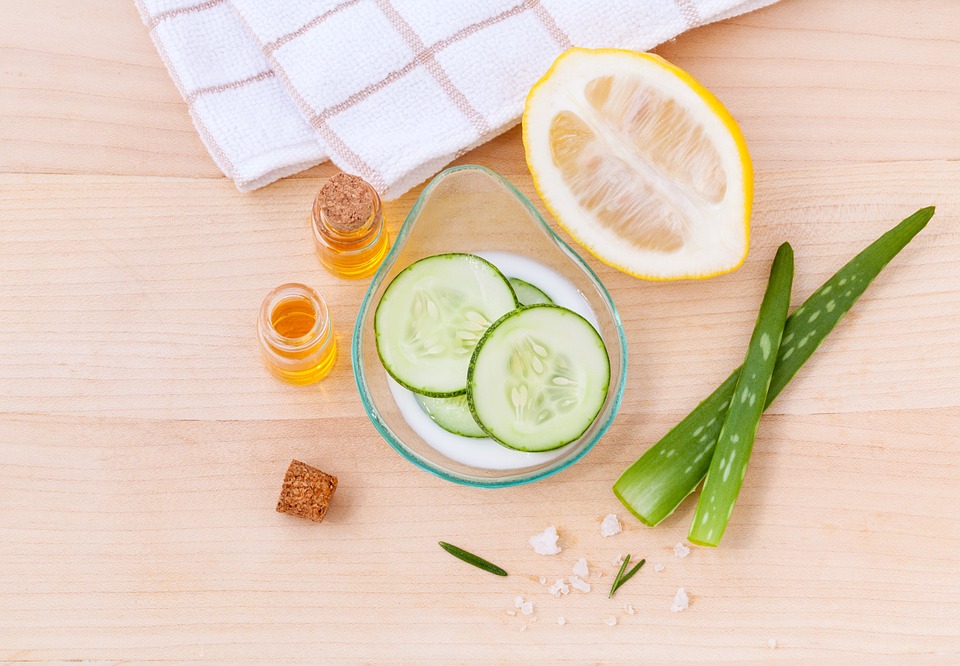 Esthetician food: cucumber, lemon, aloevera on table