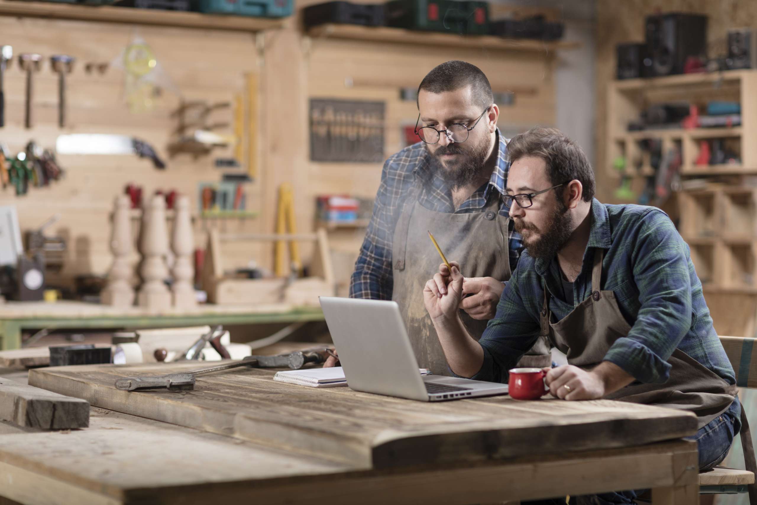 Two handymen planning a business expansion strategy on a computer