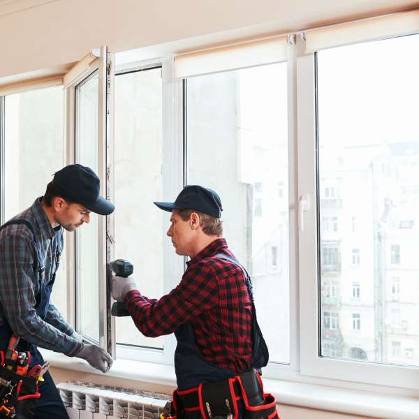 Handymen install a window