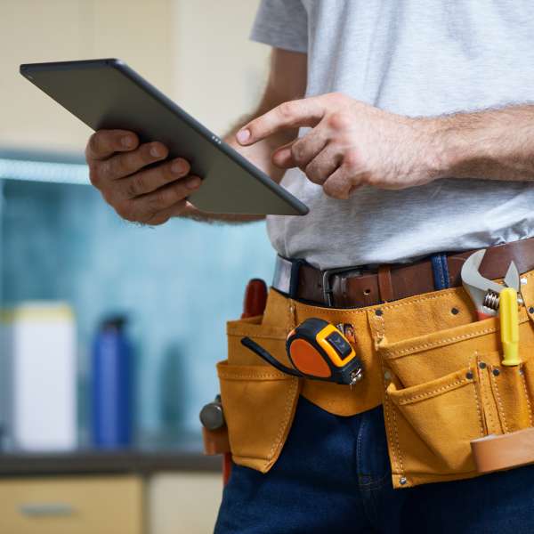 Handyman wearing a toolbelt with tools using digital tablet
