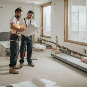 Construction workers analyzing blueprints in the apartment.