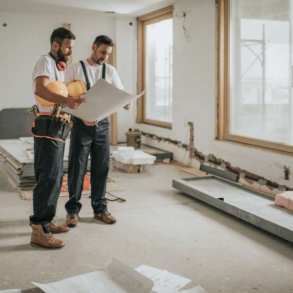 Construction workers analyzing blueprints in the apartment.