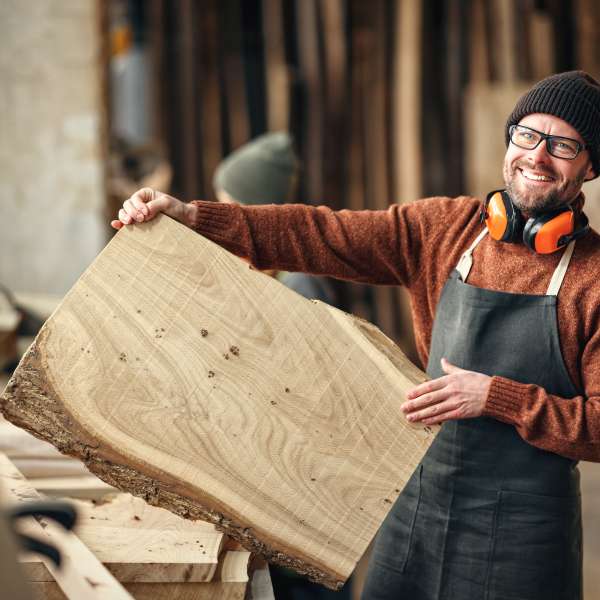 Happy carpenter with wooden board in workshop