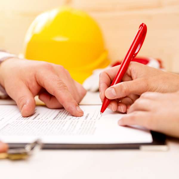 A handyman signing construction contract with contractor to build a house