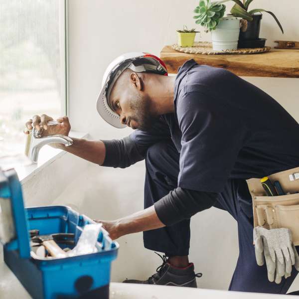 A handyman fixing a leaking bathroom faucet