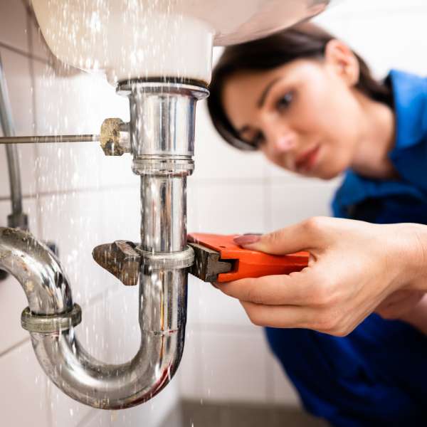 A Plumber fixes a sink piple
