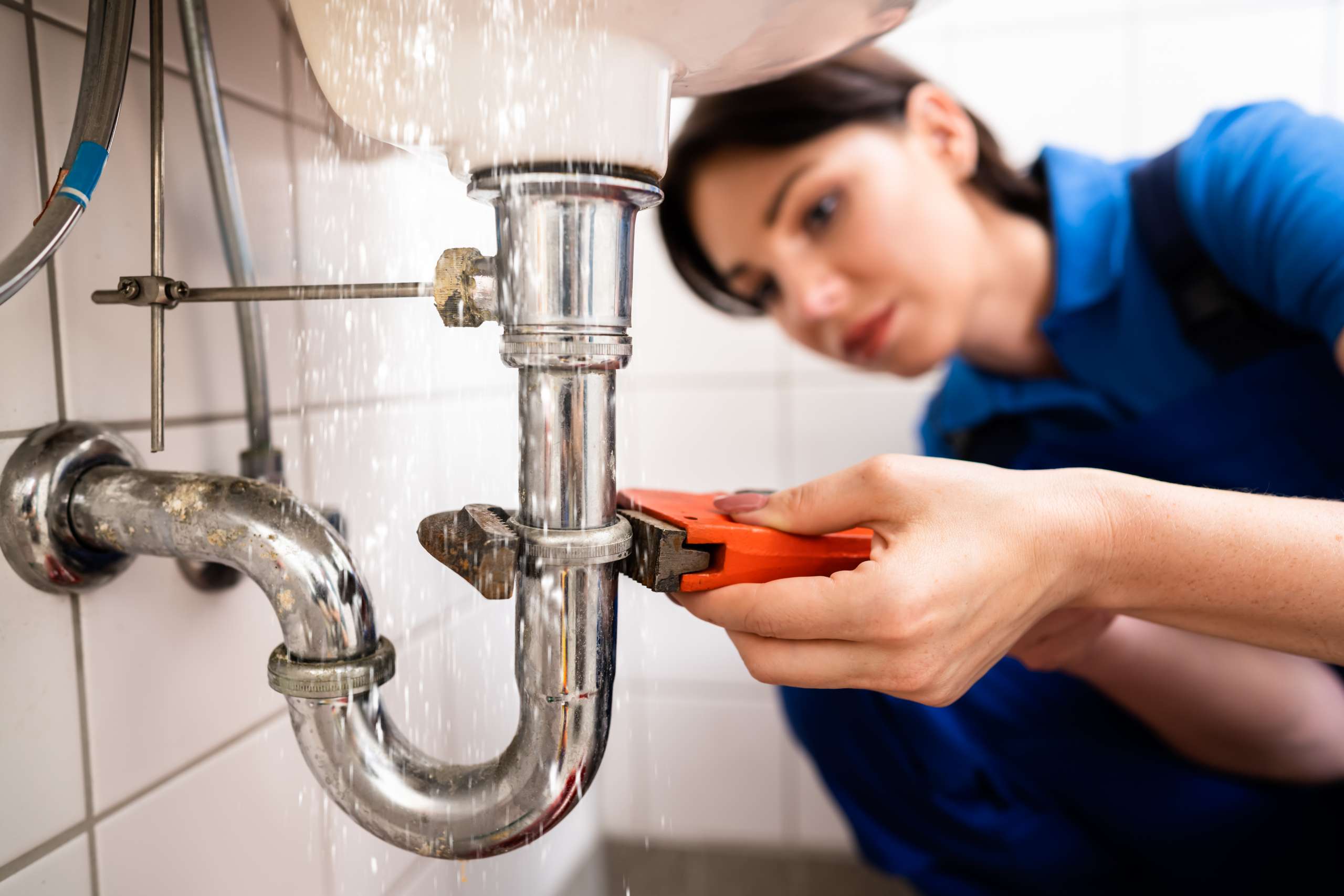 A Plumber fixes a sink piple