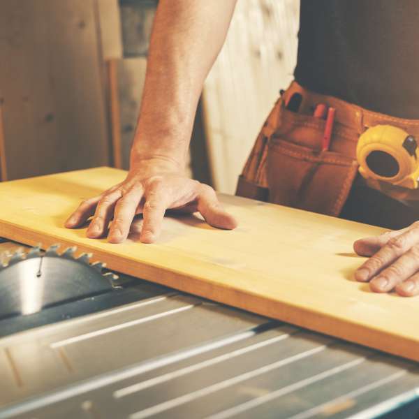 A carpenter cuts wooden board on a table saw.