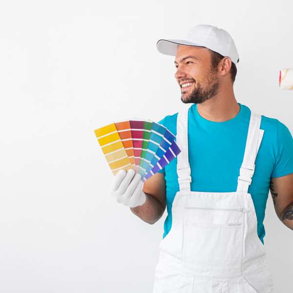 A happy house painter with roller and samples