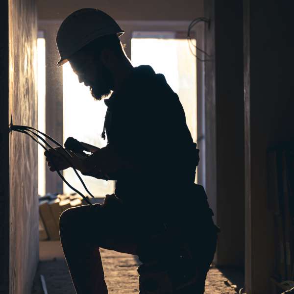 An electrician cuts wires with lineman's pliers.
