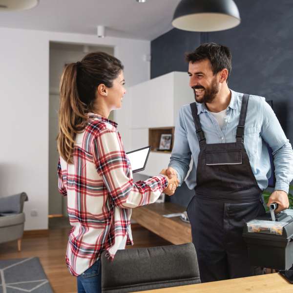 A customer shaks hands with handyman