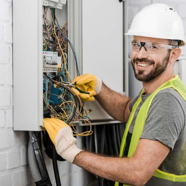 A smiling electrician repairing electrical box in corridor