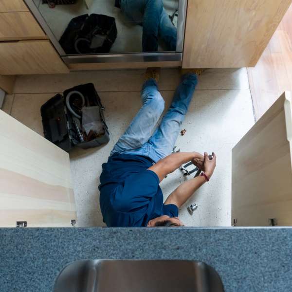 A Plumber fixing a broken pipe in the kitchen