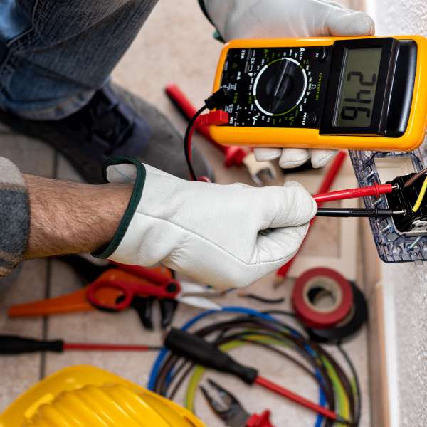 Electrician at work on a residential electrical system.