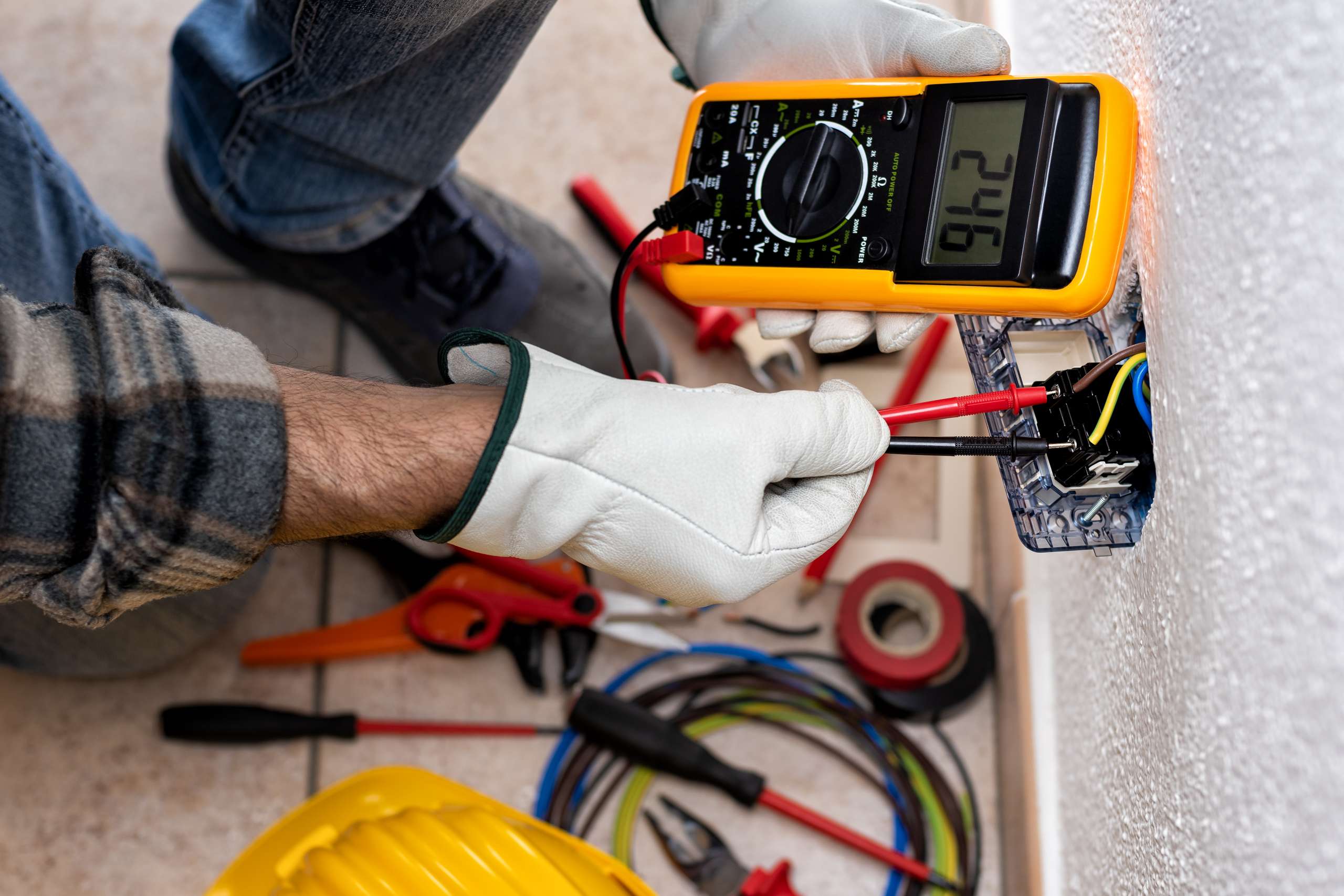 Electrician at work on a residential electrical system.