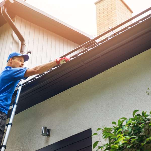 Handyman on ladder cleaning house gutter from leaves and dirt