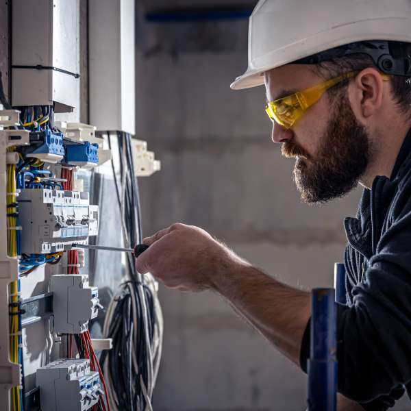 An electrician works in a switchboard with an electrical connecting cable.