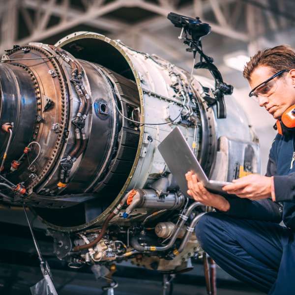 Aircraft engineer in a hangar using a laptop while repairing and maintaining an airplane jet engine