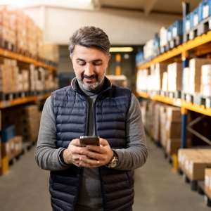 A sole trader standing in inside business looking at his phone