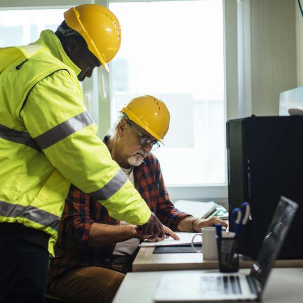 Engineers with the looking at the blueprints in their office.