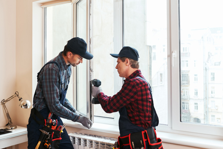 Starting a door and window installation business: Two technicians installing a window