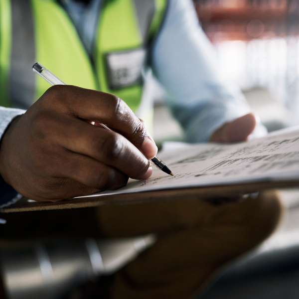 Hand of male contractor working on documents for planning, architecture or idea strategy.