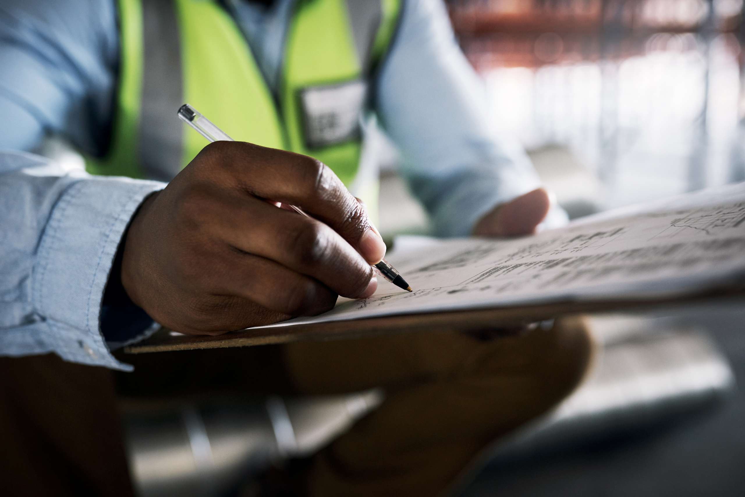 Hand of male contractor working on documents for planning, architecture or idea strategy.