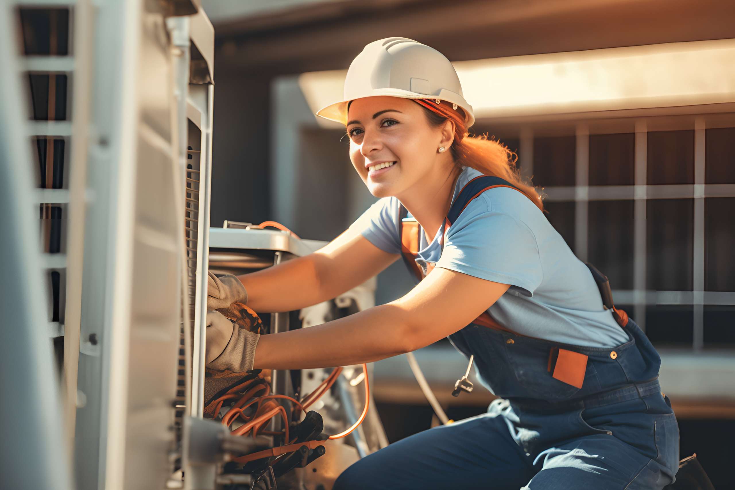 Young female mechanic HVAC engineer repairing air conditioner external unit outdoors.