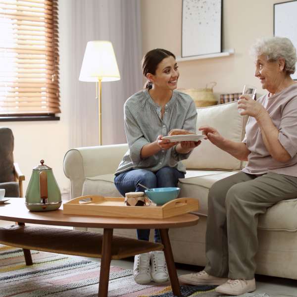 Young woman serving dinner for elderly woman in living room. Senior people care