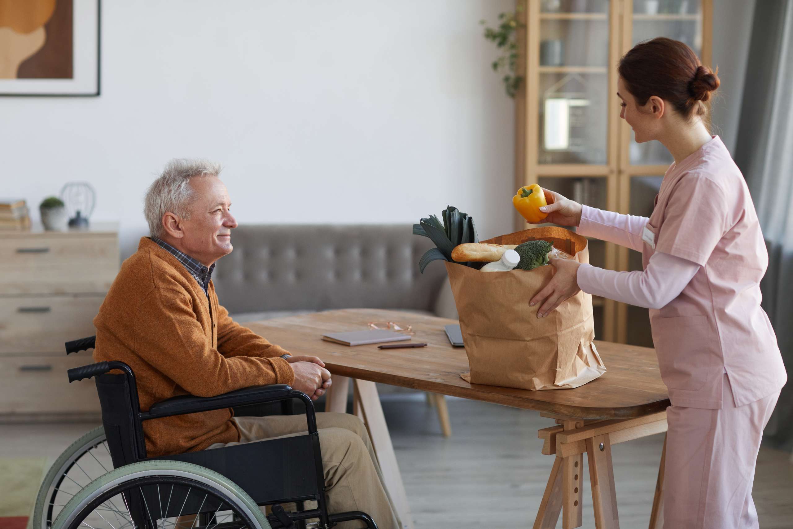 A female nurse assisting a senior man in wheelchair