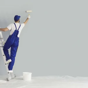 Painter paints grey wall with roller brush