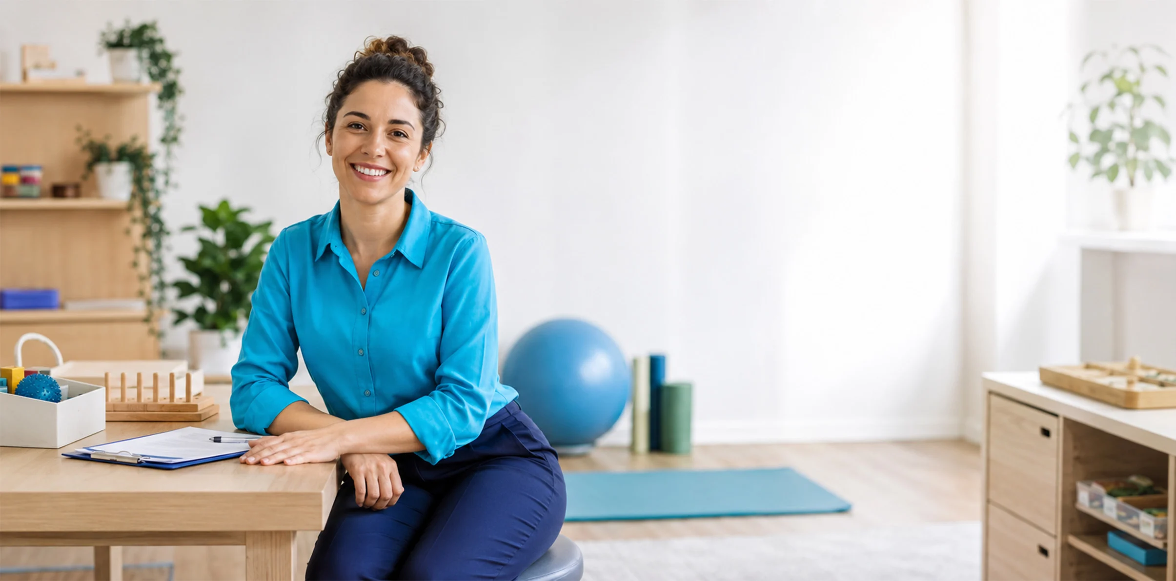 Occupational therapist at her workplace similing