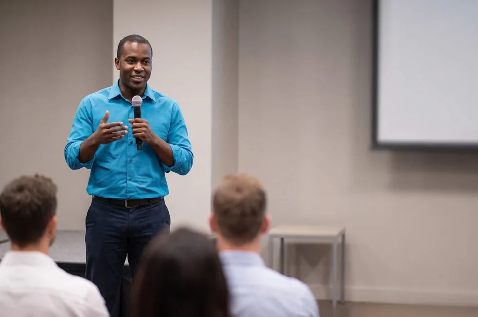 Life career coach running a session in front of a crowd