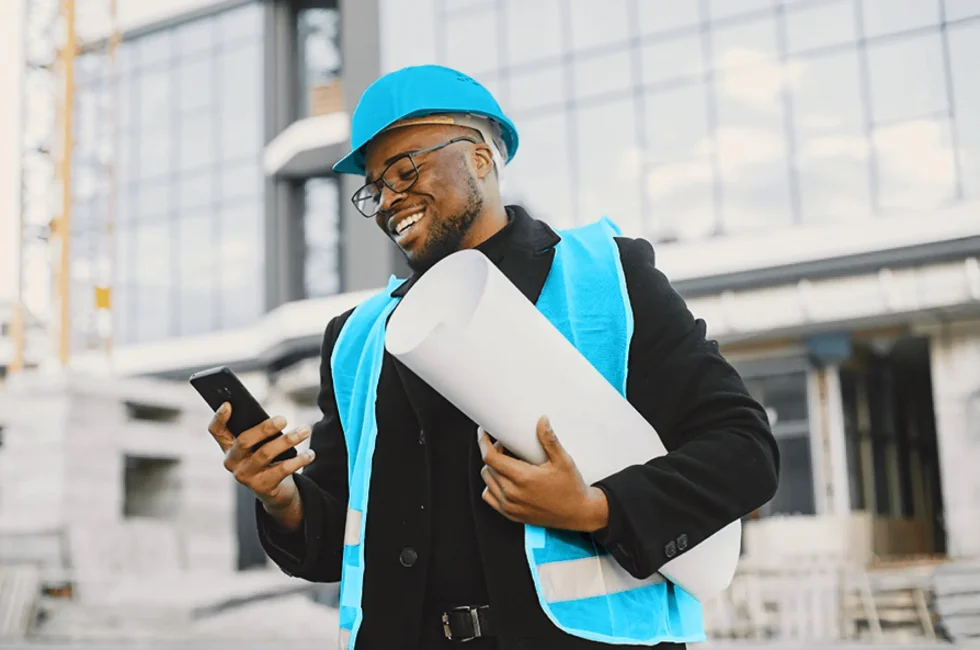 Architect holding blueprints or plans in front of a building