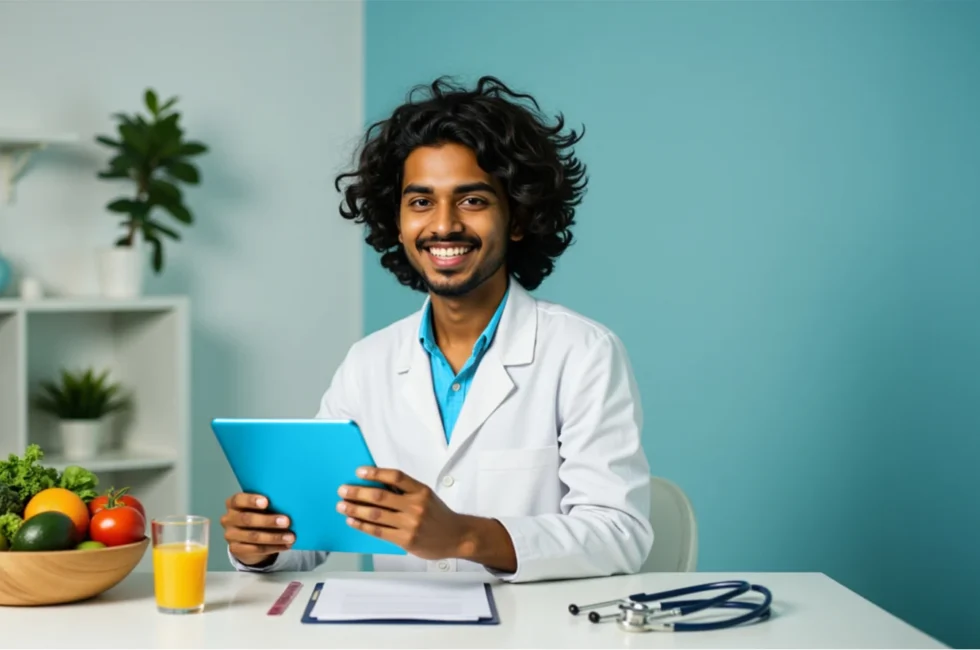 Nutritionist and dietitian sitting down at the table with a tablet and food similing at the camera