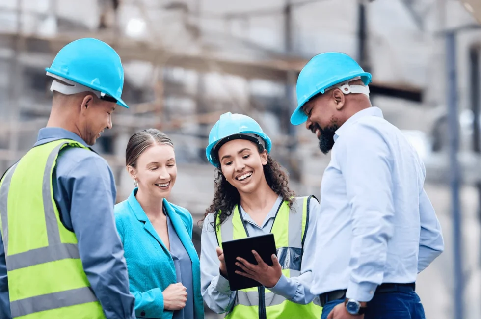 Engineers working together having a conversation at a construction site