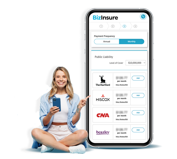 A happy person with business insurance quotes on a phone